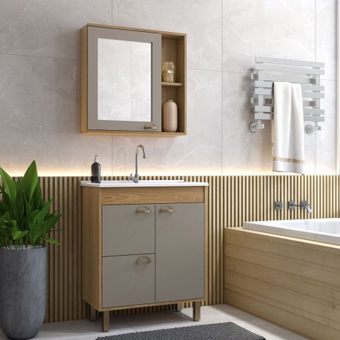 ​conjunto Banheiro Cannes 70cm Armário Completo Gabinete Cuba Espelheira