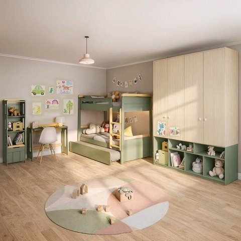 Quarto Completo Guardar-Roupa Curió, Treliche, Escrivaninha, Estante Petit Casatema MadeiraOriginals