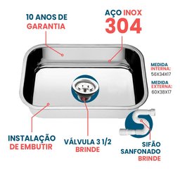 Cuba Pia Numero 2 Cozinha Inox 304 American Steel 56x34x17 - 2