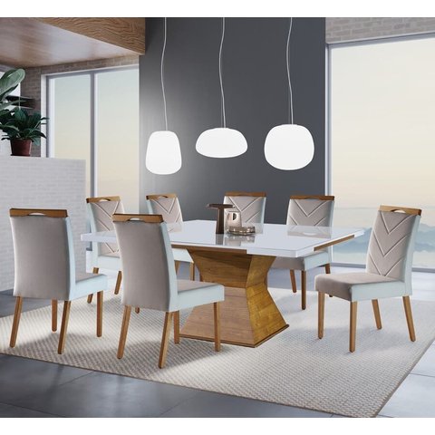 Sala de Jantar Moderna Base Pirâmide 8 cadeiras 1,50x1,50m - Ametista - Requinte Salas