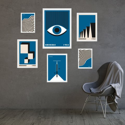 Kit Composição 6 Quadros Artes Bauhaus Azuis:moldura Branca