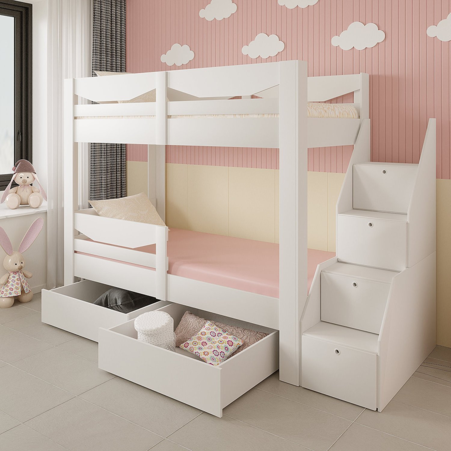 Beliche Infantil 2 Gavetas com Escada Branco - Completa Móveis