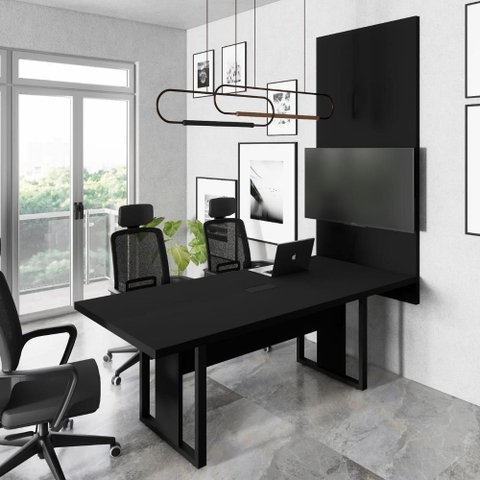 Mesa de Reunião Retangular Design Industrial MDP 200cm Preto F5 Office