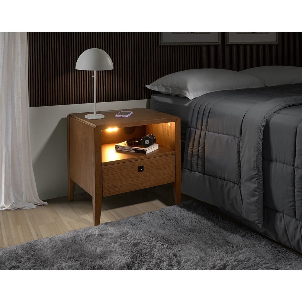 Mesa de Cabeceira com Som Bluetooth, Carregador de Celular por Indução, Luz Noturna e Fechadura Biom