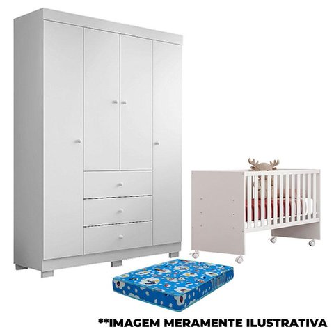 Berço Nacional Doce Sonho 3540 e Guarda Roupa Duda 4 Portas Branco Brilho com Colchão – Phoenix Baby