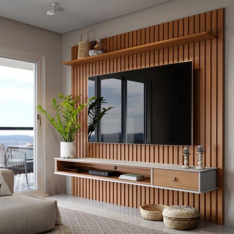 Painel Ripado para TV até 75 Polegadas MDF 230,5cmx220cm Prateleira Nicho e Gaveta Detroit