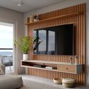 Ver imagem 1 de Painel Ripado para TV até 75 Polegadas MDF 230,5cmx250cm Prateleira Nicho e Gaveta Detroit Marrom Nature/Off White