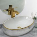 Ver imagem 2 de Kit Cuba Pia Louça Cerâmica Banheiro C/torn e Vál Dourada 52