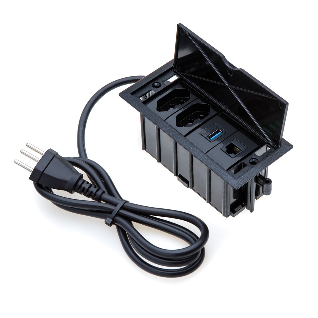 Caixa de Tomada 4 Blocos 2 Tomadas 10a 1 Usb Dados 1 Rj-45:preto