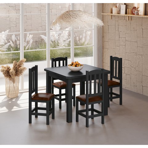 Conjunto Mesa Preta De Madeira 88x88 Com 4 Cadeiras Estofadas Para Cozinha  Sala De Jantar  Sfa