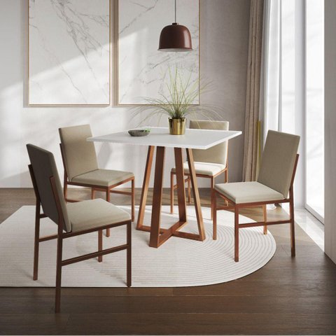 Conjunto de Jantar Mesa Mônaco 90cm Tampo Branco com 4 Cadeiras Bege Base Cobre Preto