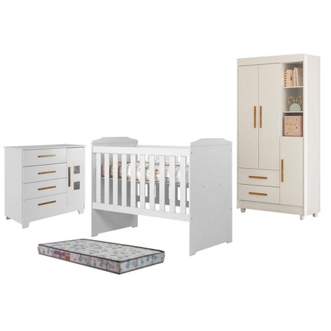 Guarda Roupa Flocos com Cômoda Fly e Berço Americano Carinho Branco Acetinado Colchão Americano Slee
