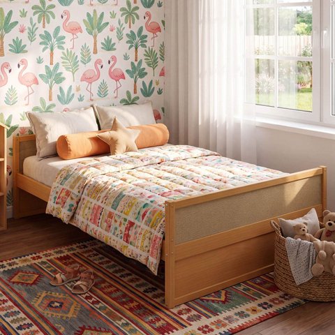 Cama Casal Madeira Maciça e Rattan Magna Kids Casatema MadeiraOriginals Marrom/Natural