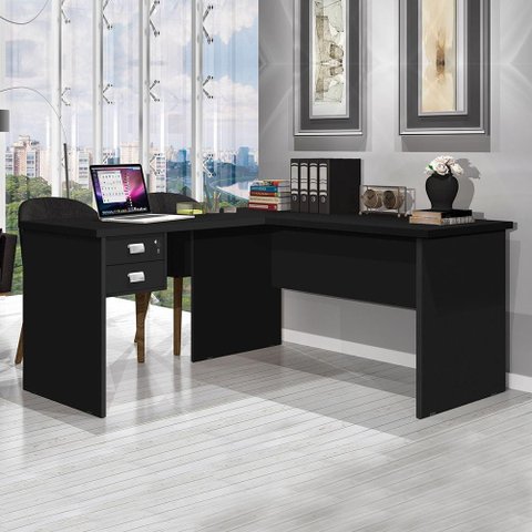Mesa em L Diretor Preta Para Escritório Office Espaçosa Escrivaninha de Canto - Preto TL