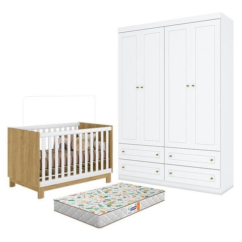 Berço Americano Mini Cama Q Encanto Slim Freijó Branco Acetinado - Qmovi e Guarda Roupa Infantil