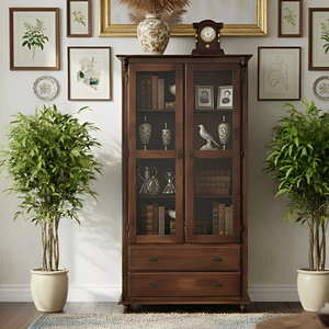 Cristaleira Rústica de Madeira 2 Portas e 2 Gavetas com Pés Torneados - Pinhão