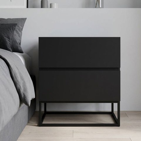 Criado Mesa de Cabeceira Eros 45cm MDF Preto 2 Gavetas Corrediça Telescópica Pés Ferro