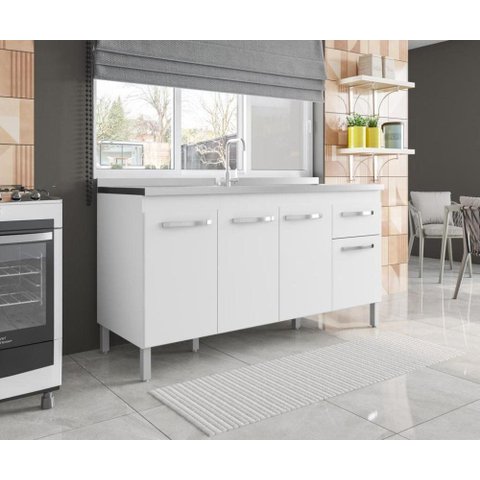 Balcão para Pia sem Tampo 4 Portas 1 Gavetas Branco 150cm