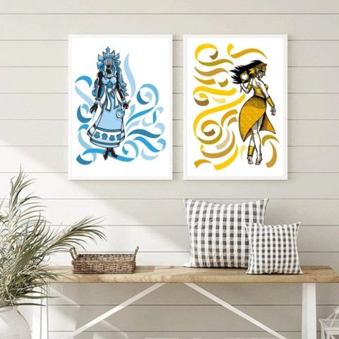 Conjunto 2 Quadros Decorativos Iemanjá e oxum 33x24cm - com Vidro:madeira Preta