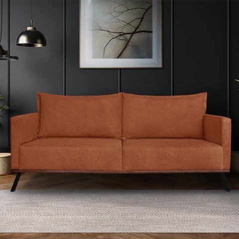 Sofá Living 3 Lugares com Pés de Ferro Almofadas Soltas 220cm Saiph Bouclê Terracota G63 - Gran Belo