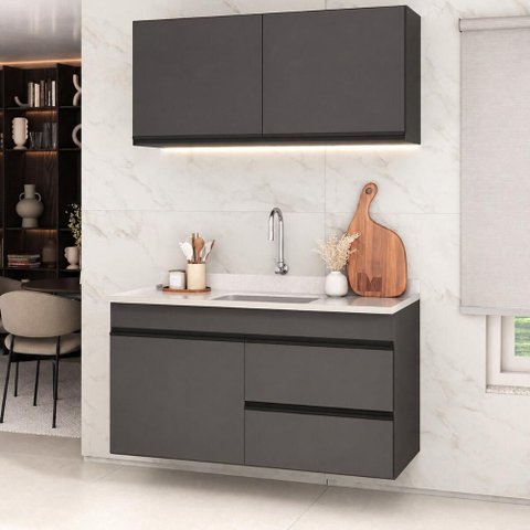 Armário Cozinha Modulada Compacta Suspensa com Pia 120cm Milano Multimóveis MCR2482 Grafite/Creme