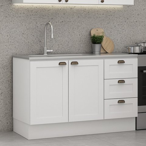 Balcão 2 Portas 3 Gavetas 120cm Americano 100% MDF sem Tampo Provençal Branco/Fosco