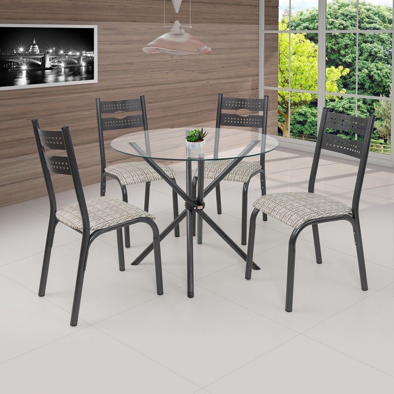 Conjunto Sala de Jantar Mesa 90x90cm Tampo Vidro com 4 Cadeiras Luna Clássica  - 1