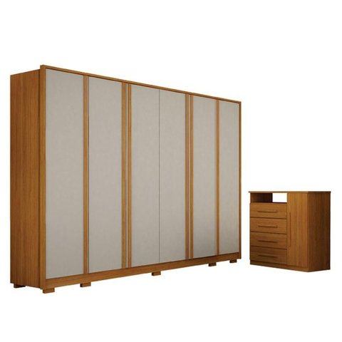 Guarda Roupa Casal Ares 6 Portas Cinamomo Off-white com Cômoda Diamante 4 Gavetas 1 Porta Cinamomo –