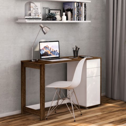 Escrivaninha Mesa Escritório Zurique 2 Gavetas 1 Porta 120cm Branco e Tannat