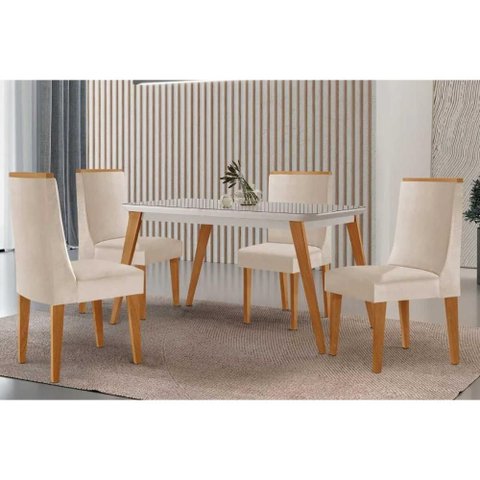 Conjunto: Mesa de Cozinha Havana Canto Curvo 120cm + 4 Cadeiras Dakota Naturale/Off White - Suede