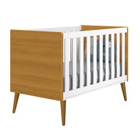 Berço Mini Cama Theo Retrô Branco/savana com Pés Amadeirado - Reller Móveis Branco/savana