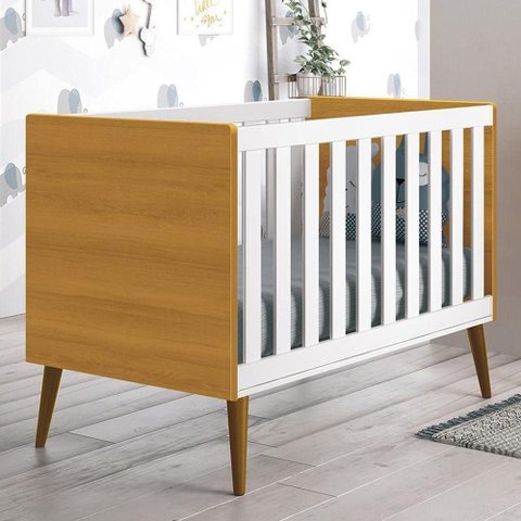 Berço Mini Cama Theo Retrô Branco/savana com Pés Amadeirado - Reller Móveis Branco/savana