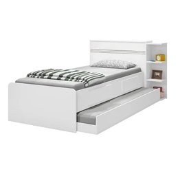 Kit 3x1 Para Quarto Com Bicama Cama de Solteiro Branca com Cama Auxiliar e Cabeceira com Baú Interno - 3