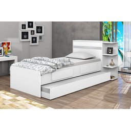 Kit 3x1 Para Quarto Com Bicama Cama de Solteiro Branca com Cama Auxiliar e Cabeceira com Baú Interno - 1