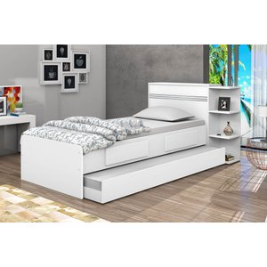 Kit 3x1 Para Quarto Com Bicama Cama de Solteiro Branca com Cama Auxiliar e Cabeceira com Baú Interno