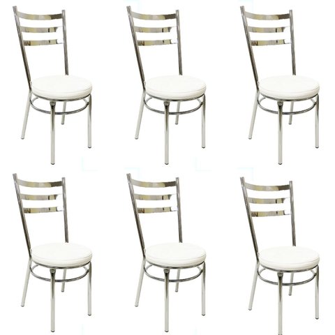 Kit 6 Cadeiras de Cozinha Redonda Reforçada Cromada Assento Grosso Branco