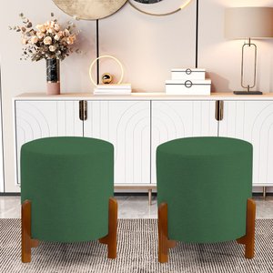 Kit 2 Puff Banqueta Redonda Thor Estofado Linho Verde Pés em Madeira Maciça