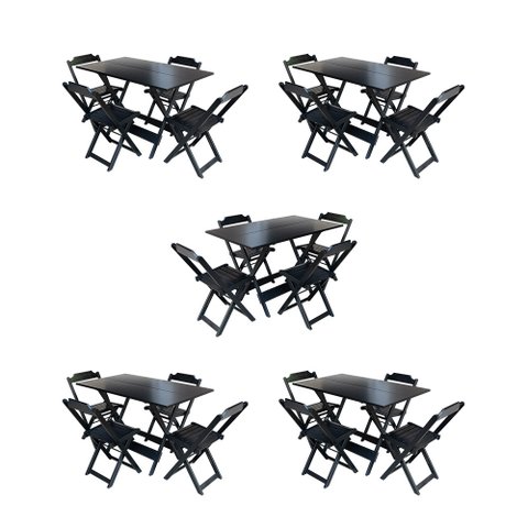 Kit 5 Jogos de Mesa Dobravel com 4 Cadeiras de Madeira 120x70 para Restaurante e Bar - Preto