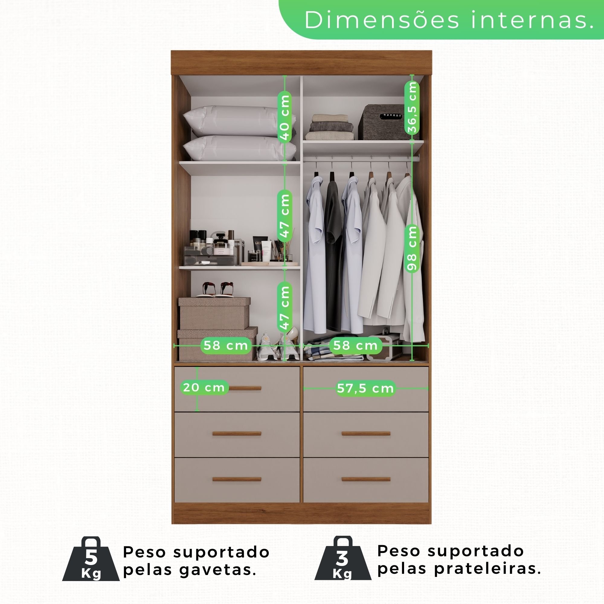 Guarda Roupa Solteiro 2 Portas 6 Gavetas Luana  - 5