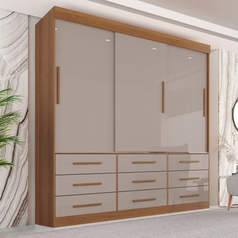 Guarda-Roupa Casal 3 Portas 9 Gavetas Luana Cinamomo/Off-White