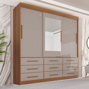 Guarda Roupa Casal 3 Portas 9 Gavetas com Espelho Luana 