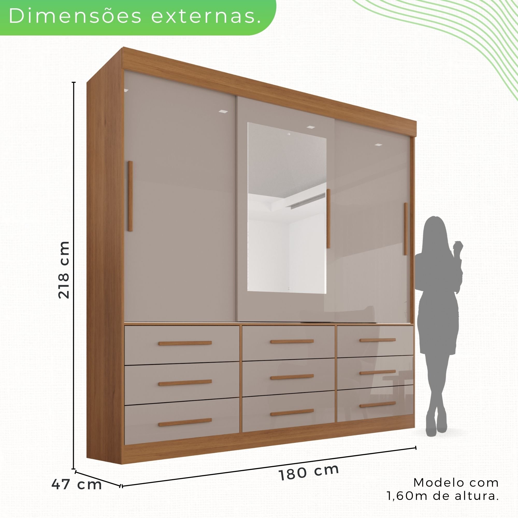 Guarda Roupa Casal 3 Portas 9 Gavetas com Espelho Luana  - 5