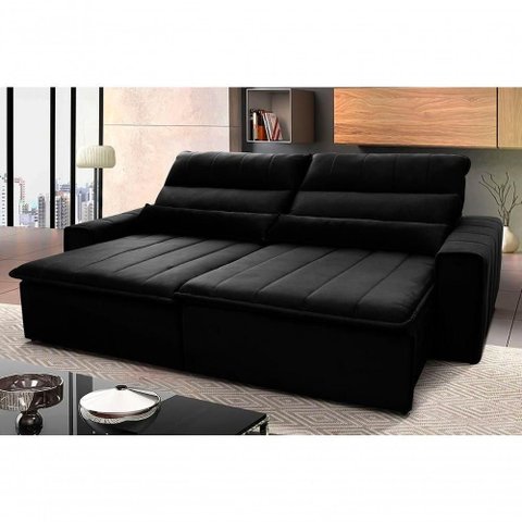 Sofá Retrátil Reclinável Patagônia 2,50m Suede Velut Preto Molas no Assento - King House