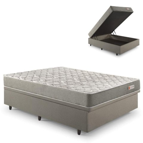 Base Box Baú Casal 138x188 Linho Bege com Colchão Ecoline D40 Espuma