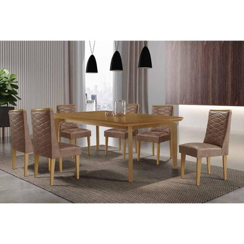 Sala de Jantar Completa Londrina C/ Tampo Madeirado Canto Curvo 180x90cm e 6 Cadeiras Dafne Naturale
