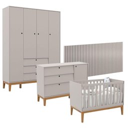 Quarto de Bebê Unique 4 Portas com Cômoda Sapateira e Painel Ripado Cinza Eco Wood - Matic - 1