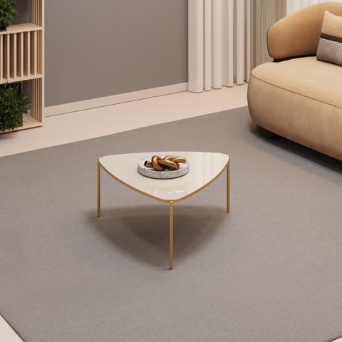 Mesa de Centro Tampo Triangular e Pés em Metal Dourado Dj Móveis Lina Off White
