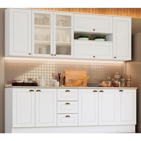 Cozinha Modulada Completa Americana 10 Peças (4 Aéreos + 3 Balcões + 3 Tampos) Cz266 Branco -
