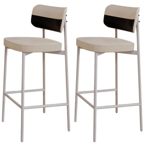 Kit 02 Banquetas Alta Bar Cozinha Sala de Jantar Aço Branco Kaira C01 Linho Areia Courino Preto - Ly