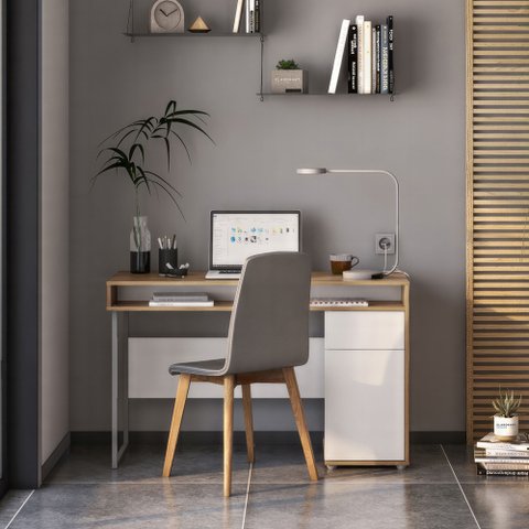 Escrivaninha Mesa Escritório Chicago 1 Gaveta 1 Porta 120cm Industrial Branco
